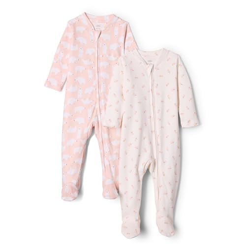 Amazon Essentials x Sofia Grainge Unisex Baby Baumwoll-Strampler Mit Fuß, 2er-Pack, Rosa Kaninchen Bär, 0-3 Monate